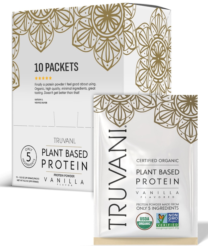 Truvani Vegan Pea Protein Powder ... Vanilja 20g Organic Plant Based Protein Single Serving Travel Packets ...