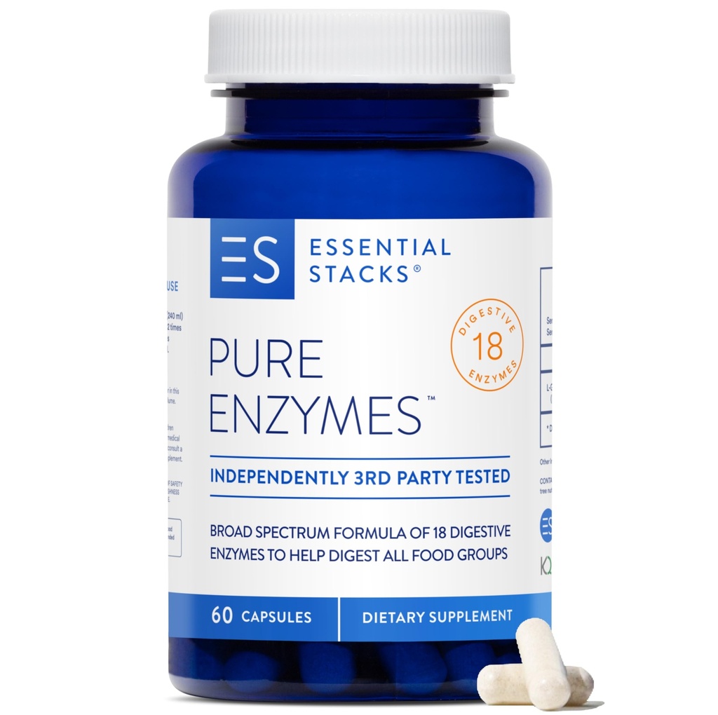 Essential Stacks Pure Dgestive Enzymes (Gluten, Dairy & Soy Free) - 18 Entsyymejä digestioon mukaan lukien amylaasi, lipaasi ja laktaasi - kasvissyöjä & ei- GMO (60 kapselia)
