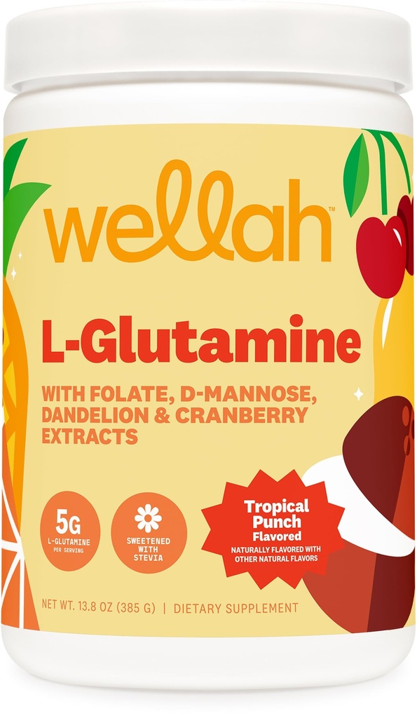 Wellah L-Glutamiini Powder Tropical Punch (50 tarjoilua) - 5g L-Glutamiini per Serving, makeutettu Stevian kanssa