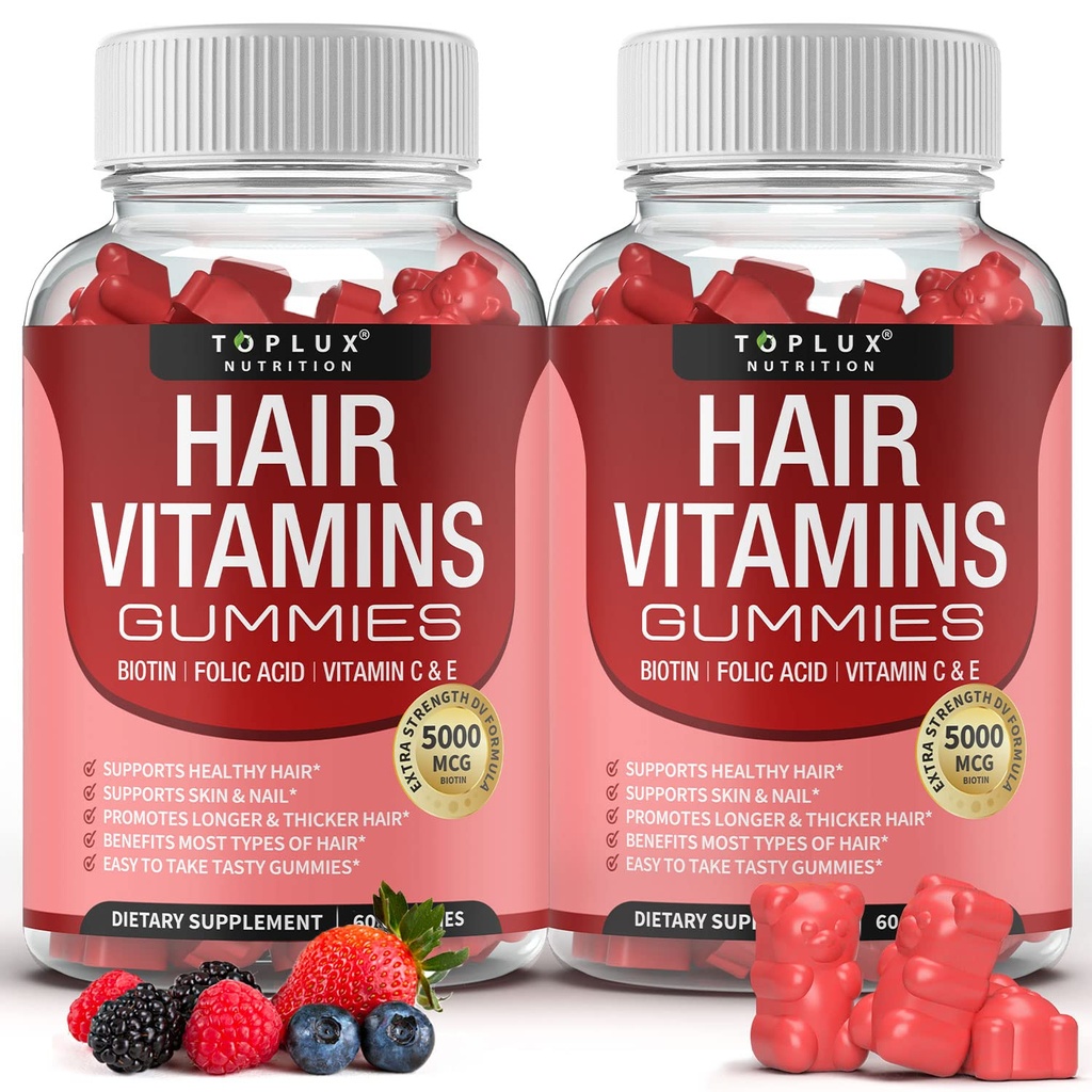 Hiusvitamiinit Gummies Supplement ... Nopeampi hiusten kasvu Gummy 5000mcg Biotiini, Foolihappo, C-vitamiini & E, tuki vahvempi ja tikittävät hiukset, iho, kynnet, ei-GMO, miesten naisten 60 Marja makua Gummies
