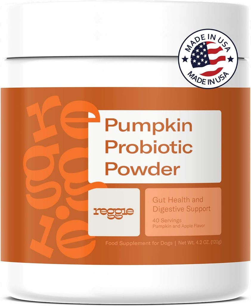 Reggie Pumpkin Probiotic Powder för hundar | 7-Strain Probiotics + Pumpkin för Gut Health, Digestion & Stool Consistency | Natural Dog Digestive Supplement | Vet-Approved & Made in USA | 40 skopor