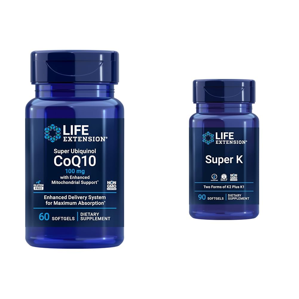 Life Extension Super Ubiquinol CoQ10 kanssa tehostettu Mitokondrio tuki & Super K, K1-vitamiini, K2 mk-7-vitamiini, K2 mk-4