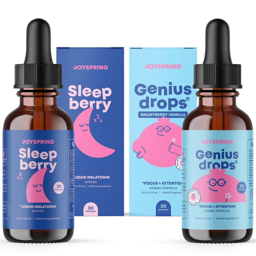 JoySpring SleepBerry Liquid Melatoniini ja Genius Drops Smartberry Vanilla lapsille