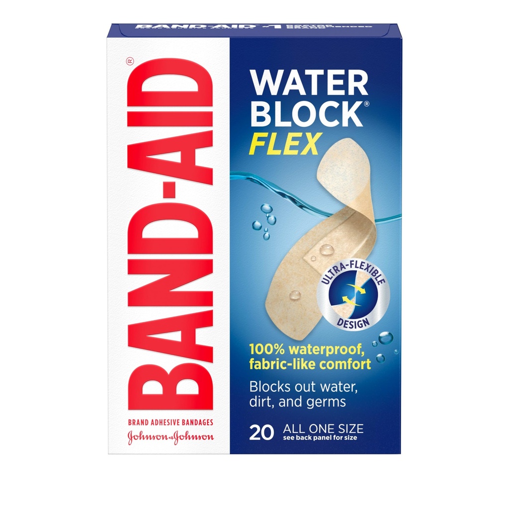 Band-Aid Brand Water Block Flex 100% vedenpitävä liimakasettien First-Aid Haavojen hoito pieniä haavoja, Scrapes & Haavoja, Ultra-Flexible Design, Steriili, Kaikki yhden koon, 20 ct