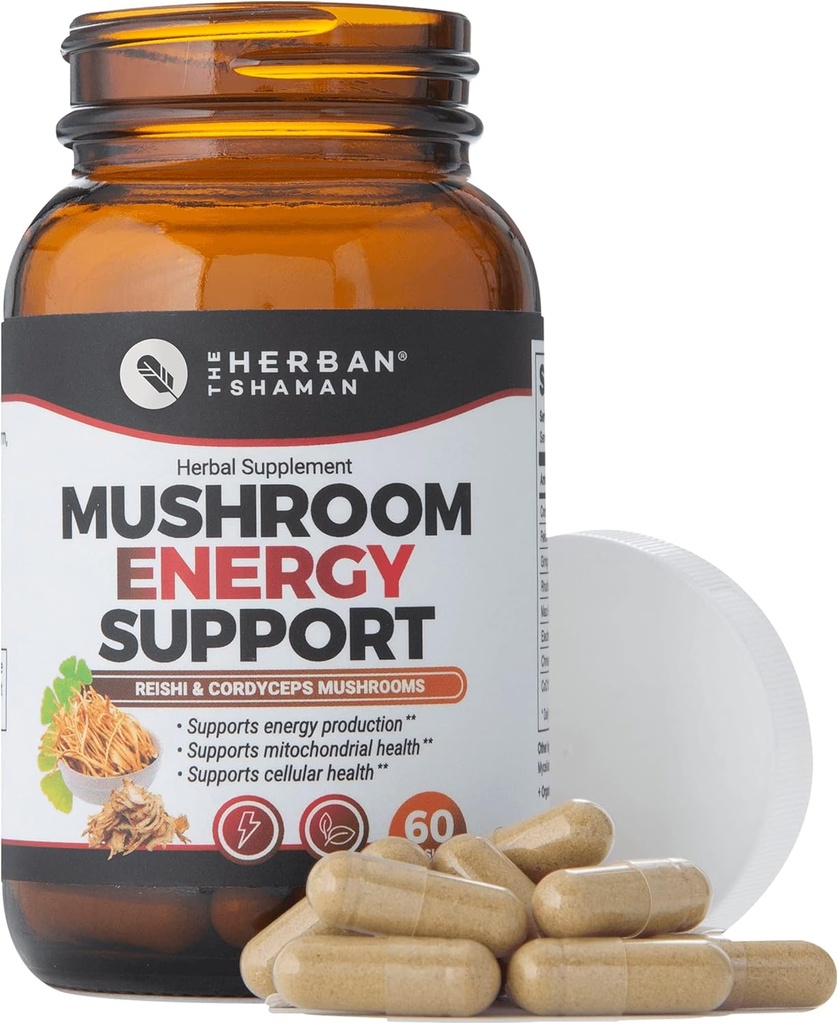 Mushroom Supplement Energy Support | Organic Mushroom Herbal Capsules med Reishi, Ginkgo, Rhodiola, Maca, Chinese Ginseng, CoQ10 + More (60 kapslar)