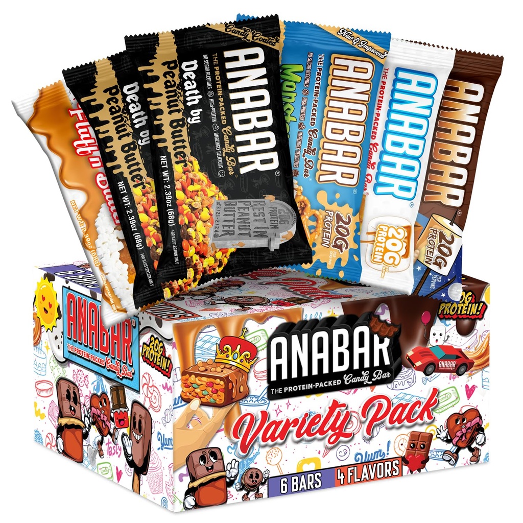Anabar Protein Bar, Sampler Pack, Protein-Packed Candy Bar, världens bästa smakproteinbar, inga sockeralkoholer, hög protein, fantastiskt utsökt, 20 gram protein (6 barer, originalvariant)