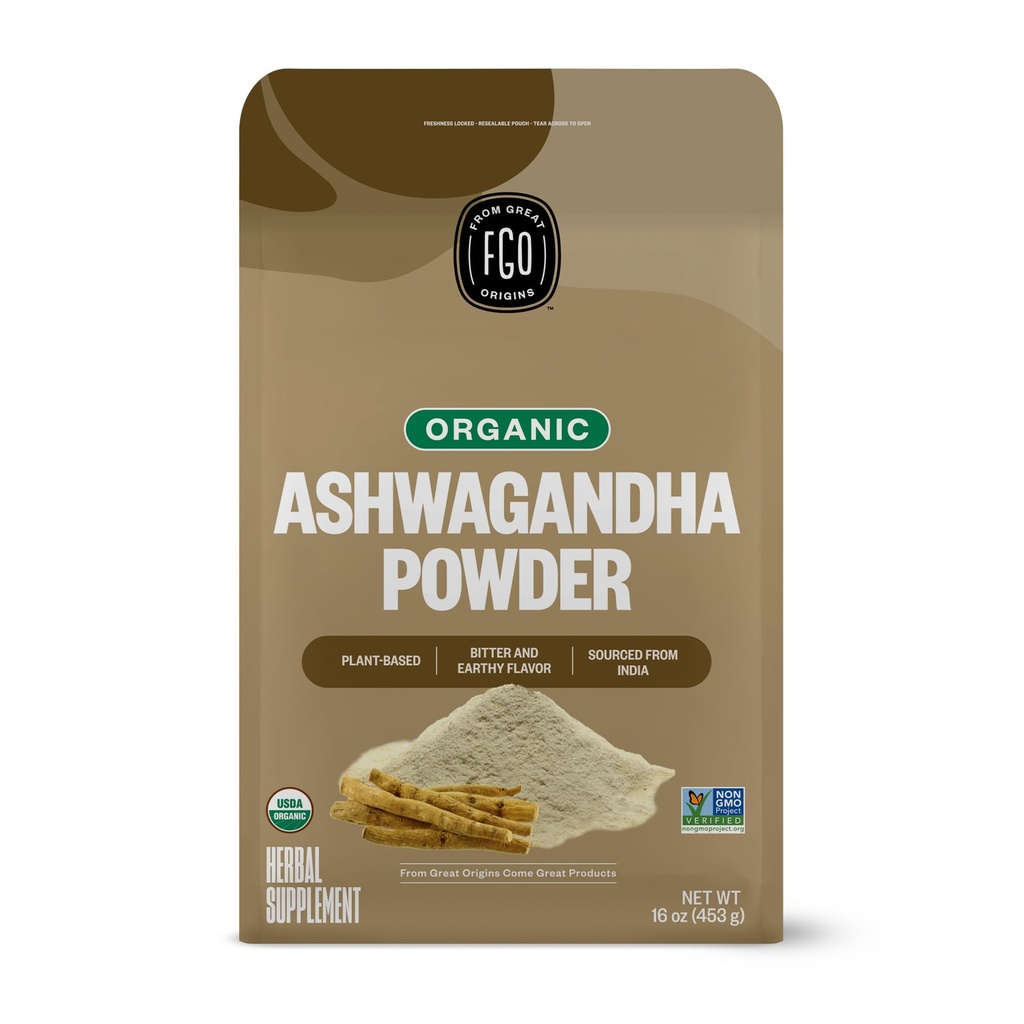FGO Organic Ashwagandha Root Powder, 16oz Resealable Bulk Bag, Ei-GMO, Intian Ginseng, Withania Somnifera, Lähde Intiasta (Pakkaus 1)
