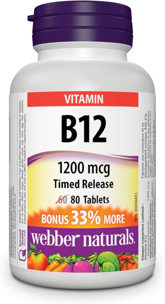 Webber Naturals B12-vitamiinin ajoitettu julkaisu 1200mg 80 tablettia