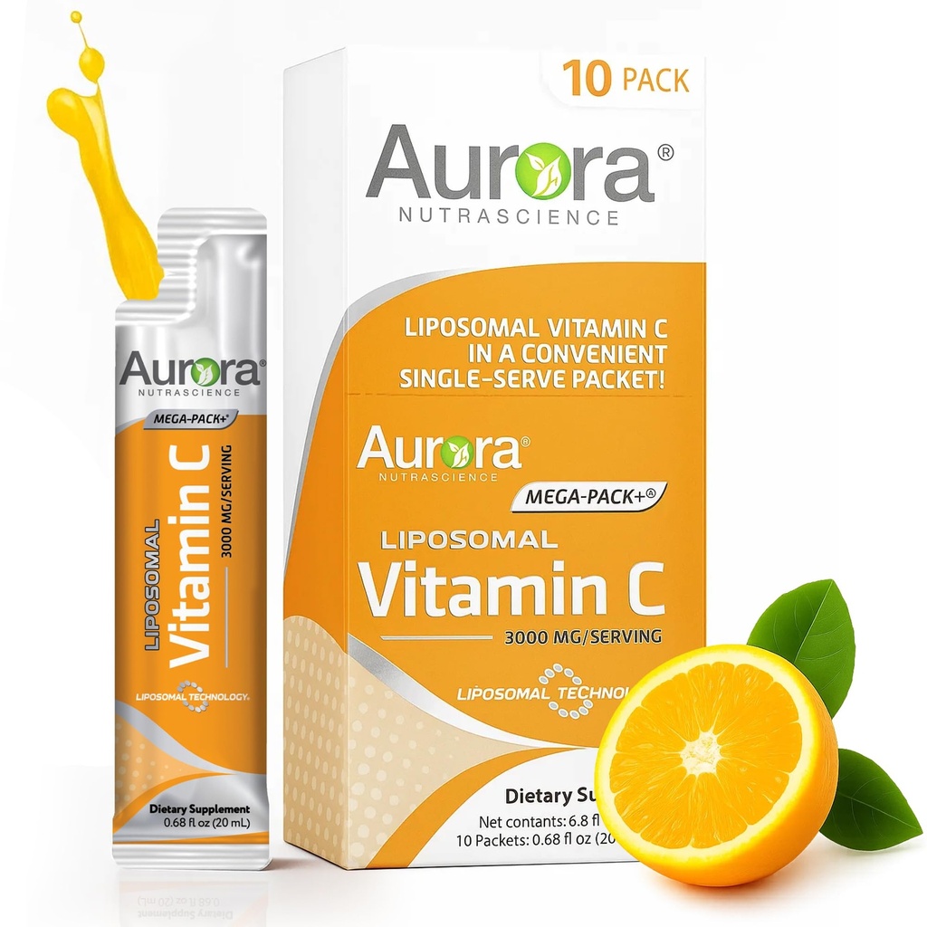 Aurora Nutrascience Mega-Pack Liposomal C-vitamiini, immuunituki, 3000 mg per serving, vegaaninen, gluteeniton, ei-GMO, 10 Single Serve Packets, Orange