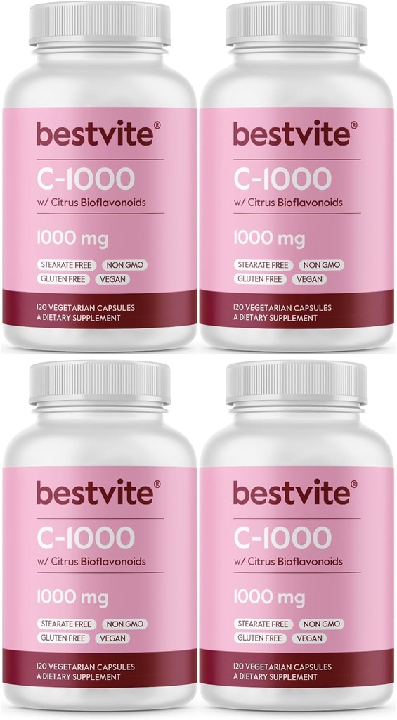 BESTVITE C-vitamiini 1000 mg (480 kasvissyöjän kapselia) (120 x 4) Citrus Bioflavinoidit - Ei stearaattia - Vegan - Ei muuntogeenisiä organismeja - Gluteeniton