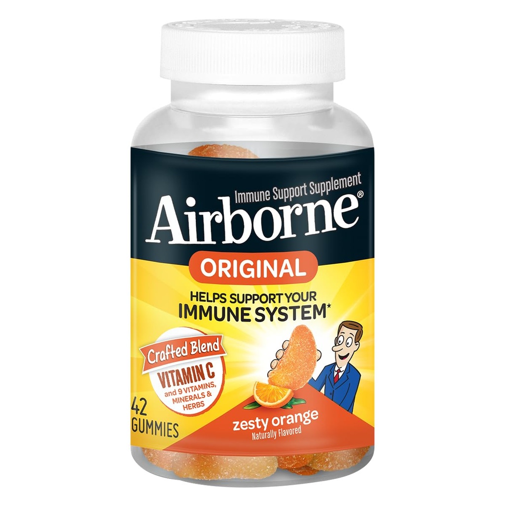 Airborne C-vitamiini 750 mg (per tarjoilu) Zesty Orange Flavored Gummies (42 Count in a Bottle), Gluteeniton immuuni tuki täydentää vitamiineja A C E, Selenium, Echinacea, Inkivääri, antioksidantti