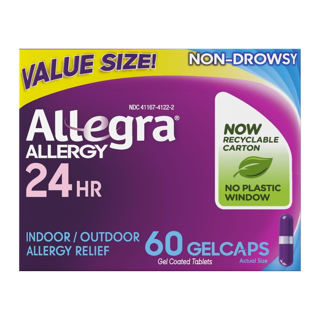 Allegra Vuxen 24-timmars allergilindring Gelcaps, icke-drowsy inomhus och utomhusallergimedicin, 180 mg Fexofenadine HCI Antihistamin Pill, 60-Count