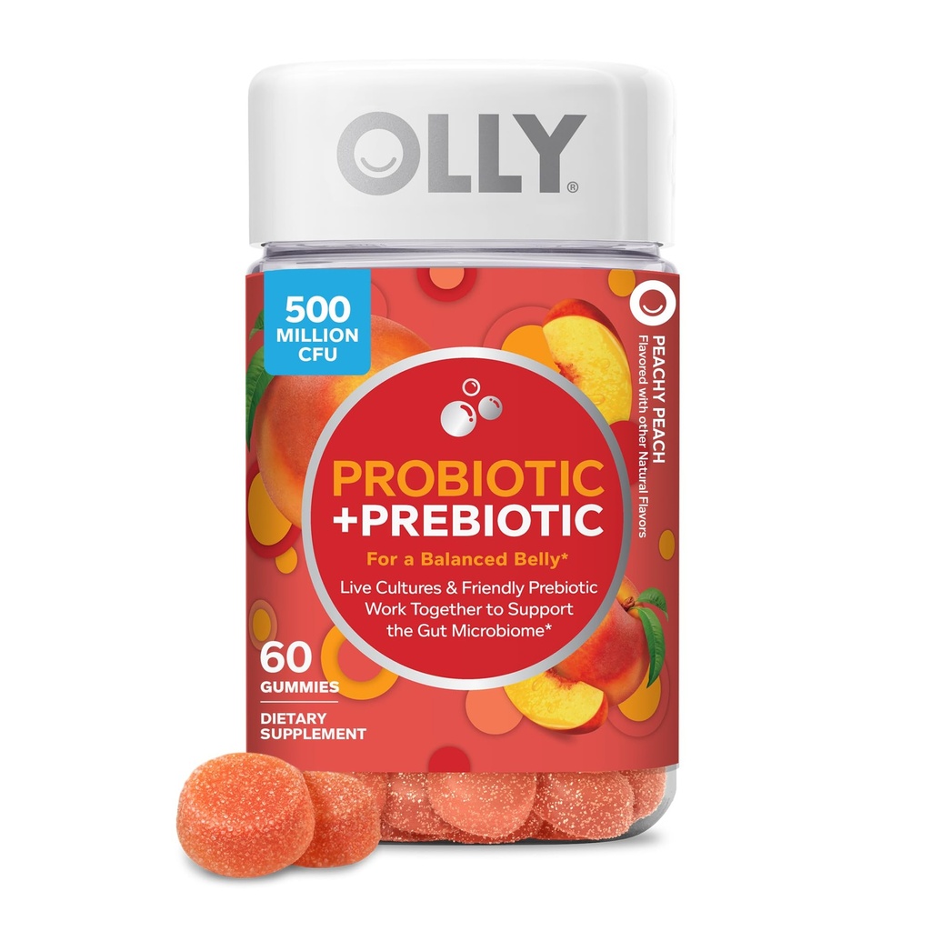 OLLY Probiootti + Prebiootti Gummy, digestiivinen tuki ja Gut Health, 500 miljoonaa PMY, kuitu, aikuisten pureskeltava täydentää miesten ja naisten, persikka, 60 päivän tarjonta - 60