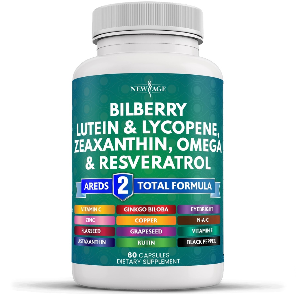 NEW AGE Eye Health Vitamins med Bilberry Lutein & Zeaxanthin Lycopene Resveratrol Grape Seed Astaxanthin - Eye Vitamin - 60 Count