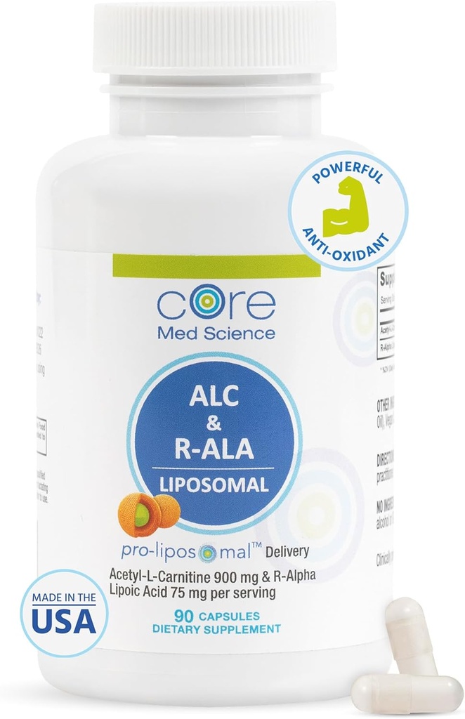 Core Med Science Liposomal ALC & R-ALA-lisäkapselit - asetyyli-L-karnitiini (900 mg) & R-Alpha Lipoic Acid (75 mg) - Edistää energiaa & Focus - Tukee psyykkistä toimintaa & muistikognitio (90 Count)