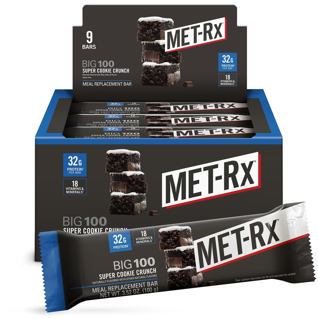 MET-Rx Big 100 Protein Bar, Ateriankorvikepatukka, 32G Proteiinia, Super Cookie Crunch, 9 baaria (pakkaus 1)