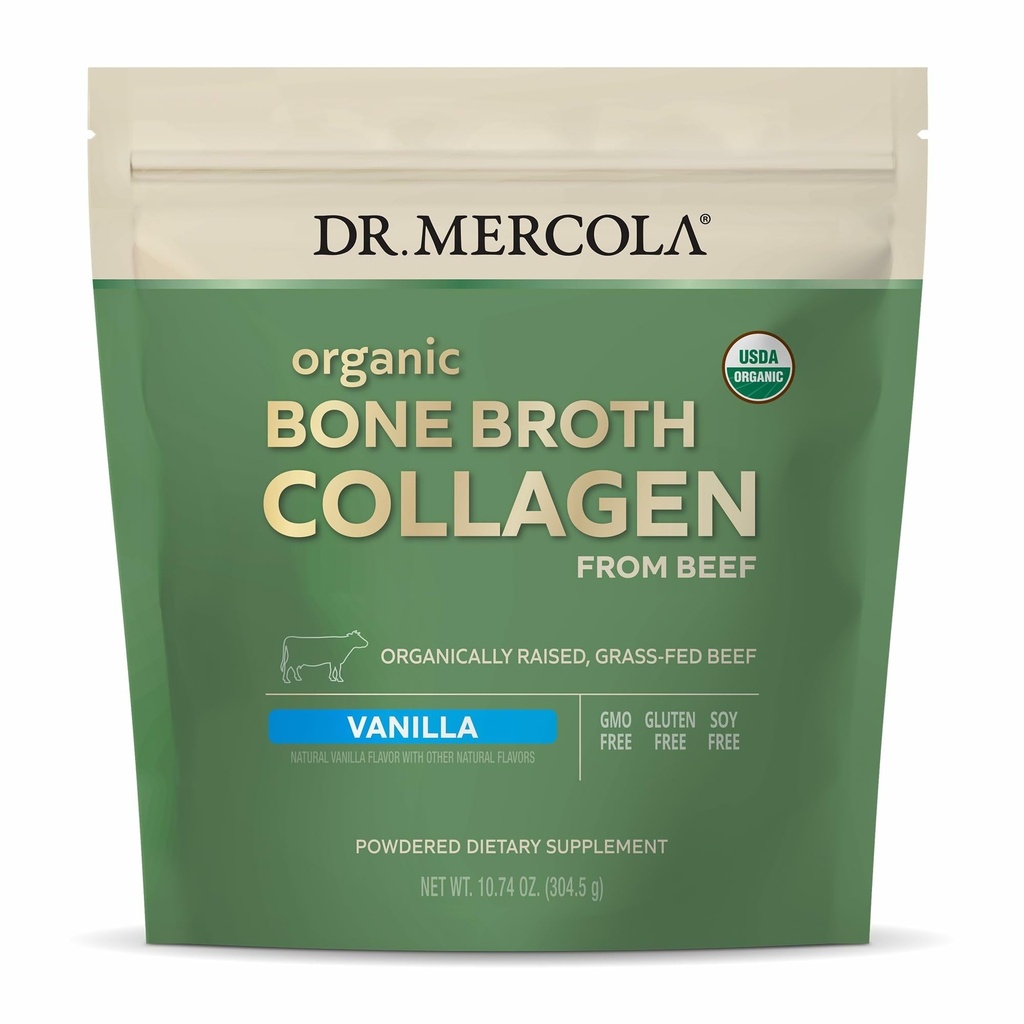 Tohtori Mercola Organic Brone Broth Collagen Powder - Tukee luun terveyttä ja lihasten kasvua - USDA Organic, non-GMO, Gluteenittomat & Dairy-free - 30 Tarjoilut - Vanilla Flavor