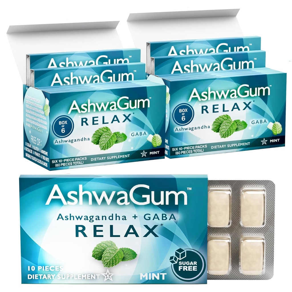 AshwaGum RELAX Gum by BetterGum, High Potency Supplement KSM 66 Ashwagandha ja Gaba, tukee stressiä ja jännitystä helpotus, Vaihtoehto Gummies, Sokeriton, Pakkaus 2