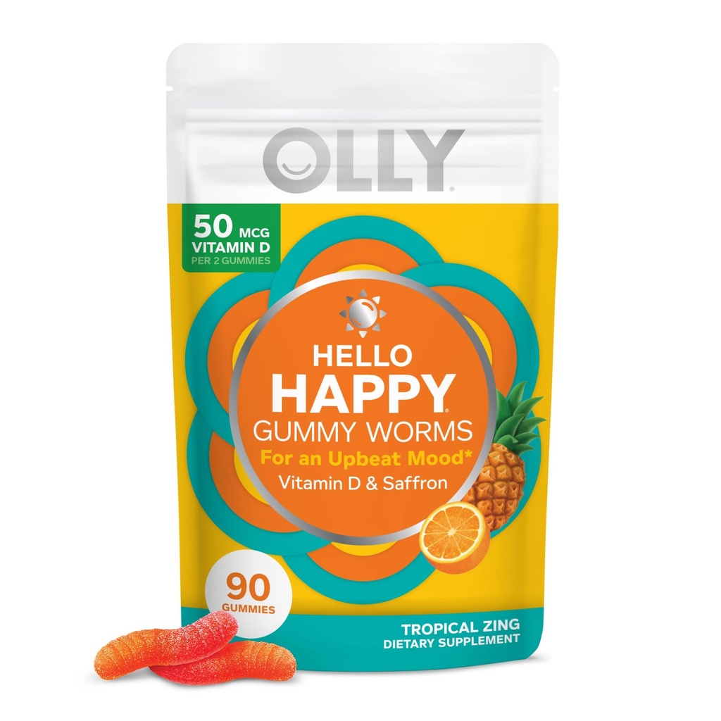 Olly Hei Happy Gummy Worms, Mielialan tasapaino tuki, D-vitamiini, Saffron, Aikuisten purutabletti, Gluteeniton, Trooppinen Zing - 90