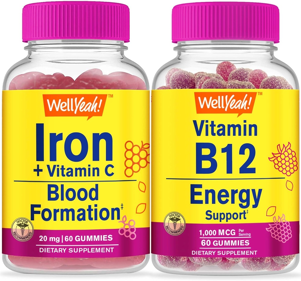 WellYeah Iron + Vitamin C + Vitamin B12 1000mcg, Gummies Bundle - Great Tasting, Vitamin Supplement, Gluten Free, GMO Free, Chewable Gummy