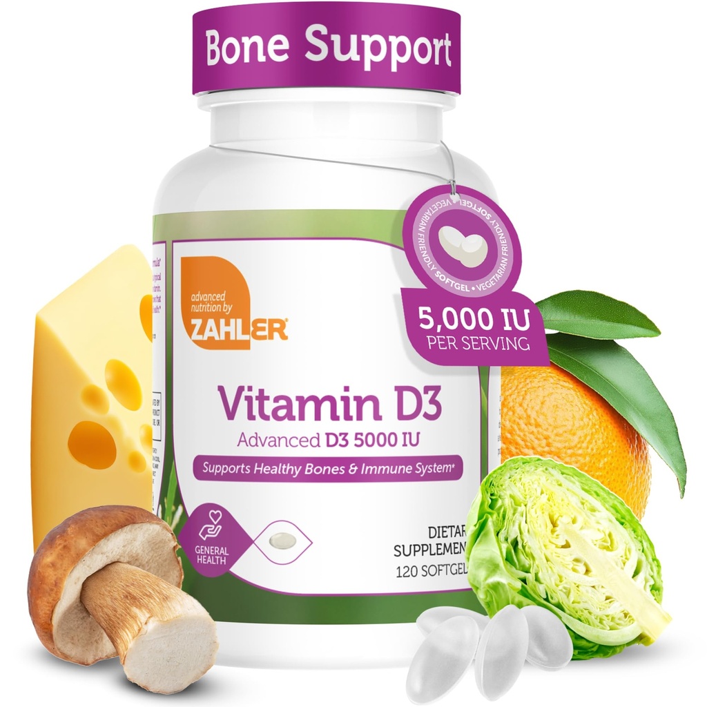 Zahler - Advanced D3-vitamiinia 5000 IU Softgels (120 kreivi) Kosher Kasvissyöjä Friendly D-vitamiinia immuuni tukea, luu, hampaiden ja lihasten terveys - Päivittäinen D3-vitamiini täydentää aikuisille - Easy Swallow V