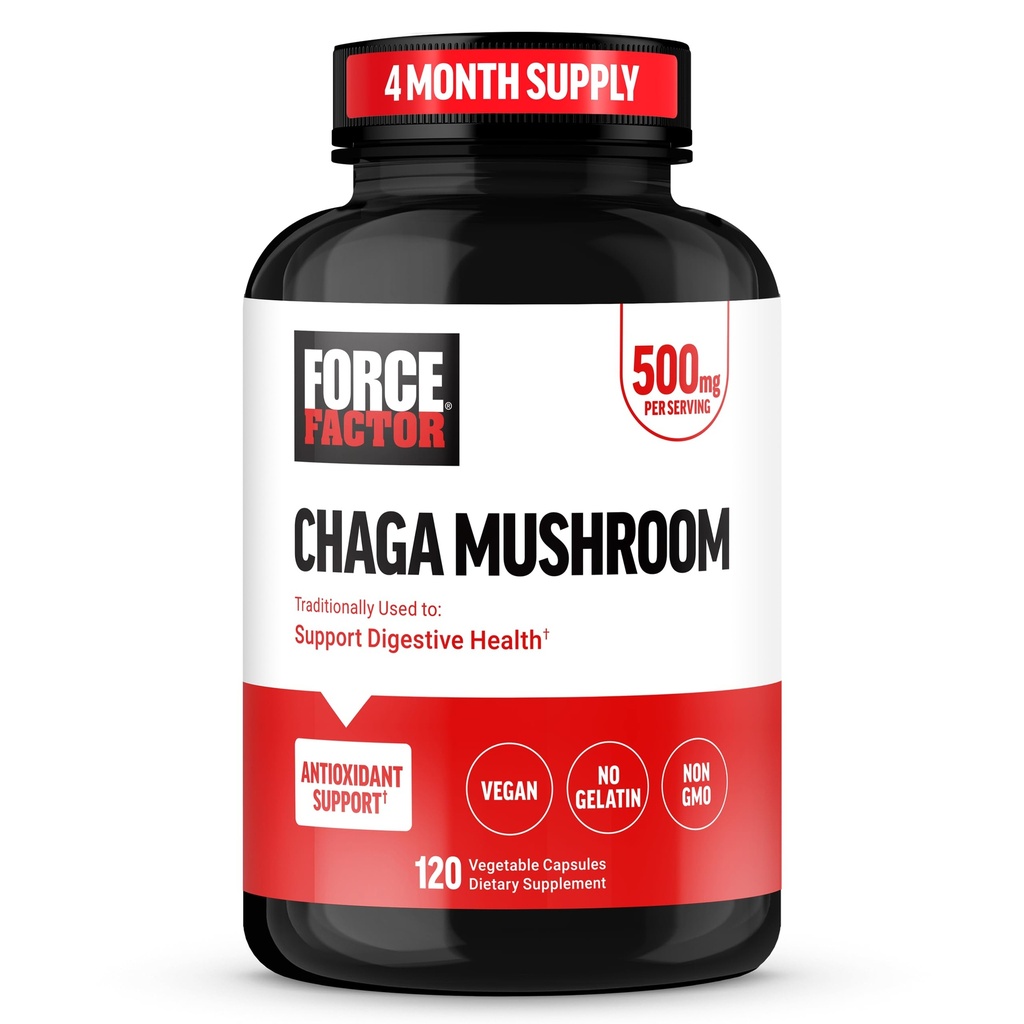 FORCE FACTOR Chaga Sienet Kapselit, Sienen täydentää tukea Gut Health and Digestion, valmistettu todellisia sieniä, vegaaninen, ei-GMO, 120 kapselia