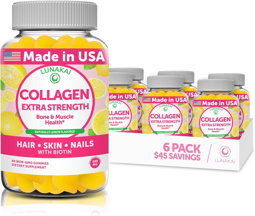 Lunakai Collagen Gummies - Tastiest Omistusasu Formula - 200mg Hydrolysed Collagen Gummies naisille ja miehille Biotiini, Sinkki, C-vitamiini ja E - ei-GMO anti ikääntymistä täydentää naisille - 6 pakkaus