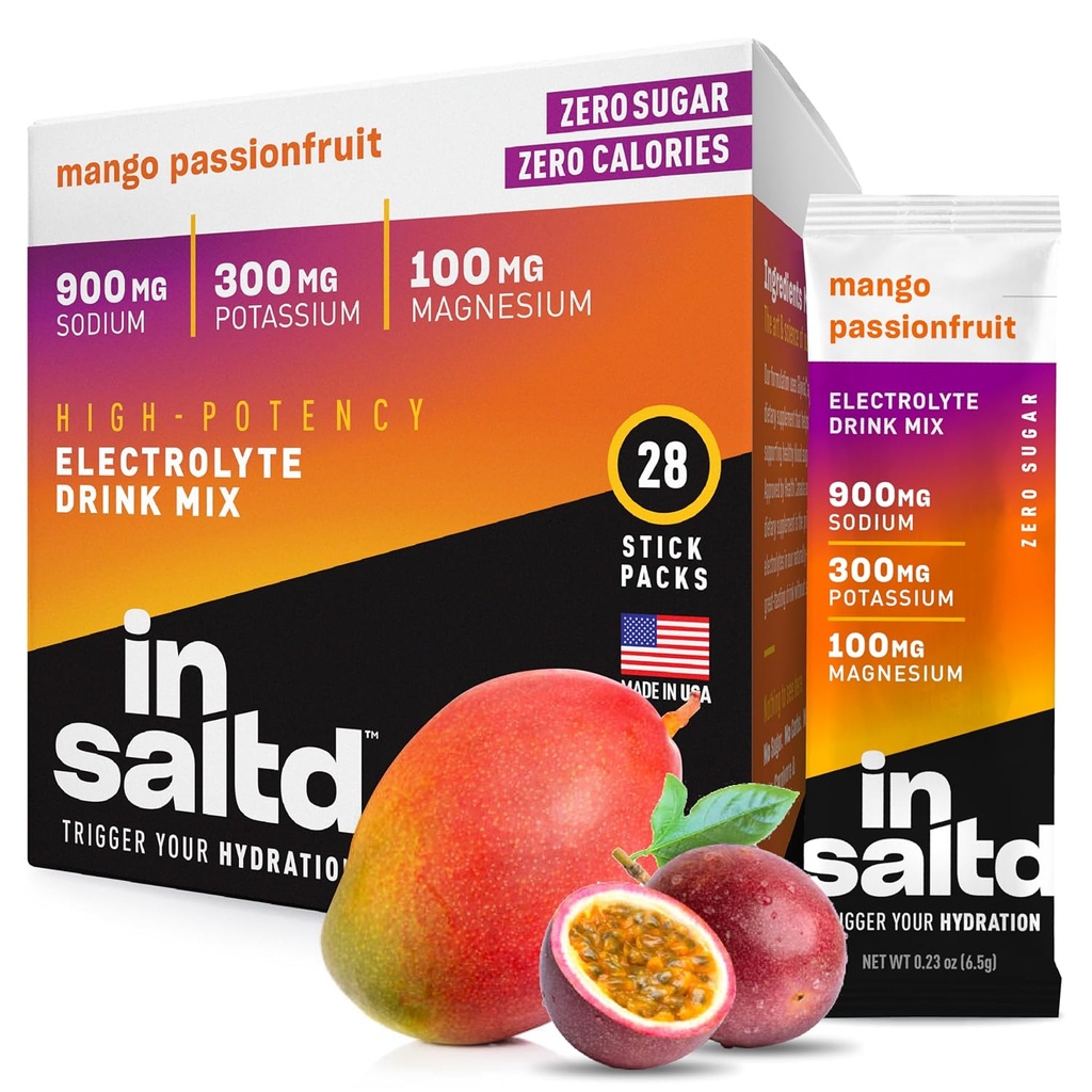 INSALTDTM Sugar Free Electrolytes Powder Packets with No Stevia Aftertaste | High-Potency Hydration Packets | Keto Electrolyte Drinks | Intermittent Fasting Drink Mix | 28 Pack (Mango Passionfrukt)