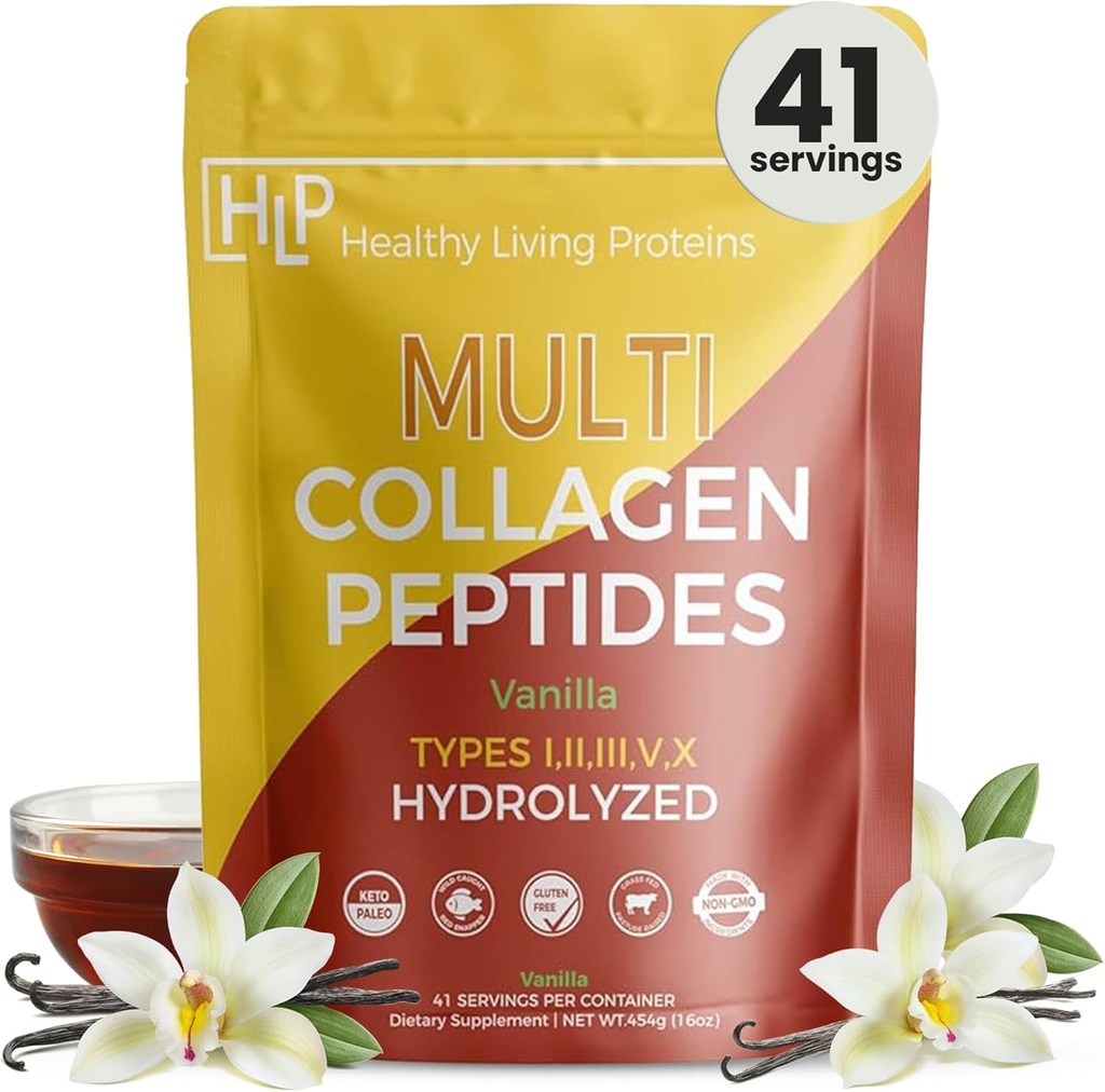 Terveet elävät proteiinit - Hydrolysed Multi Collagen Peptides Powder Tyypit I, II, III, V & X - Ruoho Syötävä nauta, Wild Caught Marine, Vapaa kana - Gluteeniton (Vanilla, 16 oz)