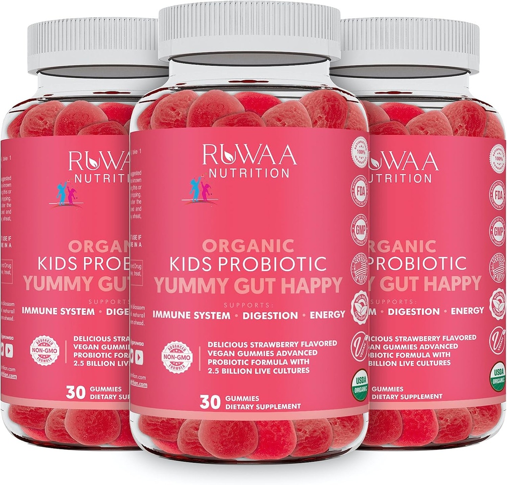 Kid Probiootti Gummies Ruoansulatuskanavan, pureskeltava päivittäin probiootti lapsille ikä 4+. Suun kautta, vatsan epämukava olo, Gut Health. Mansikkamaku, USDA Organic, Probiootit lapsille 90ct (3)