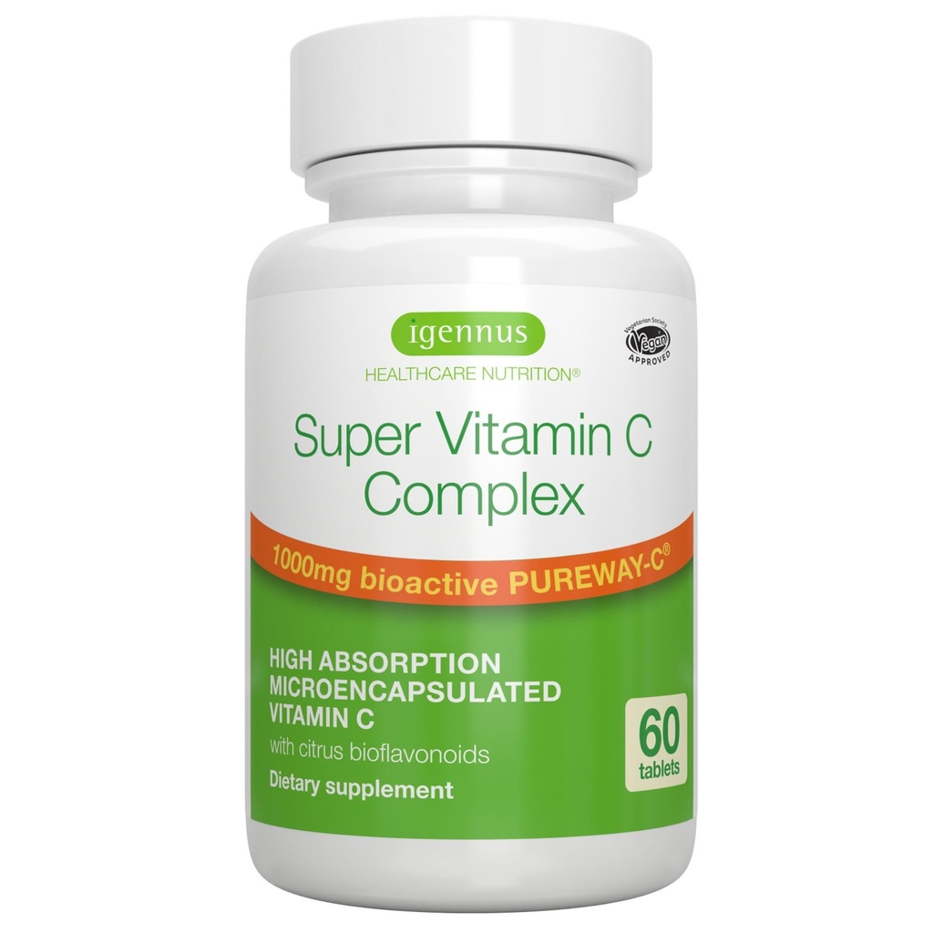 Igennus High Absorption Super Vitamin C, Clean Label Pureway-C 1000mg, Vegan Vitamin C med Bioflavonoider, 60 Servings, 24-timmars Action, Immune Health, Energy, Heart & Brain
