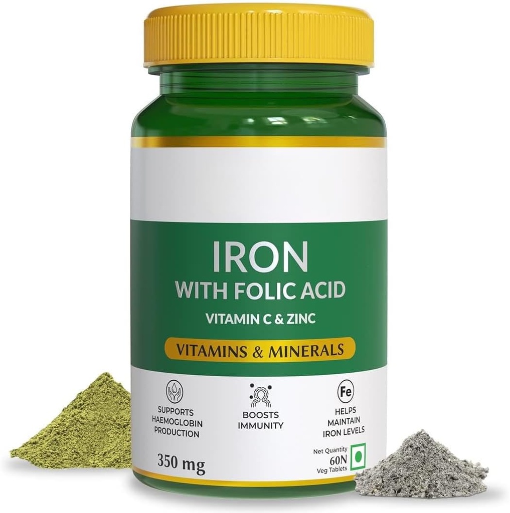 Naturals Iron med Folic Acid, Zink, Vitamin C & Vitamin B12 för Support Haemoglobin Production, Boost Immunity & Maintain Iron Level - 60 Veg Tablets
