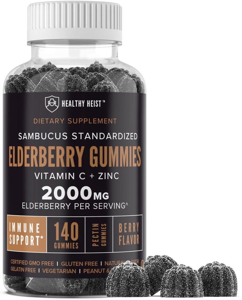 Sambucus Black Elderberry Gummies med Zink och Vitamin C, 140 Gummies, Chewable Immune Support för vuxna och barn, Non GMO, Kosher, Pectin, Vegan, Delicious Berry Flavor