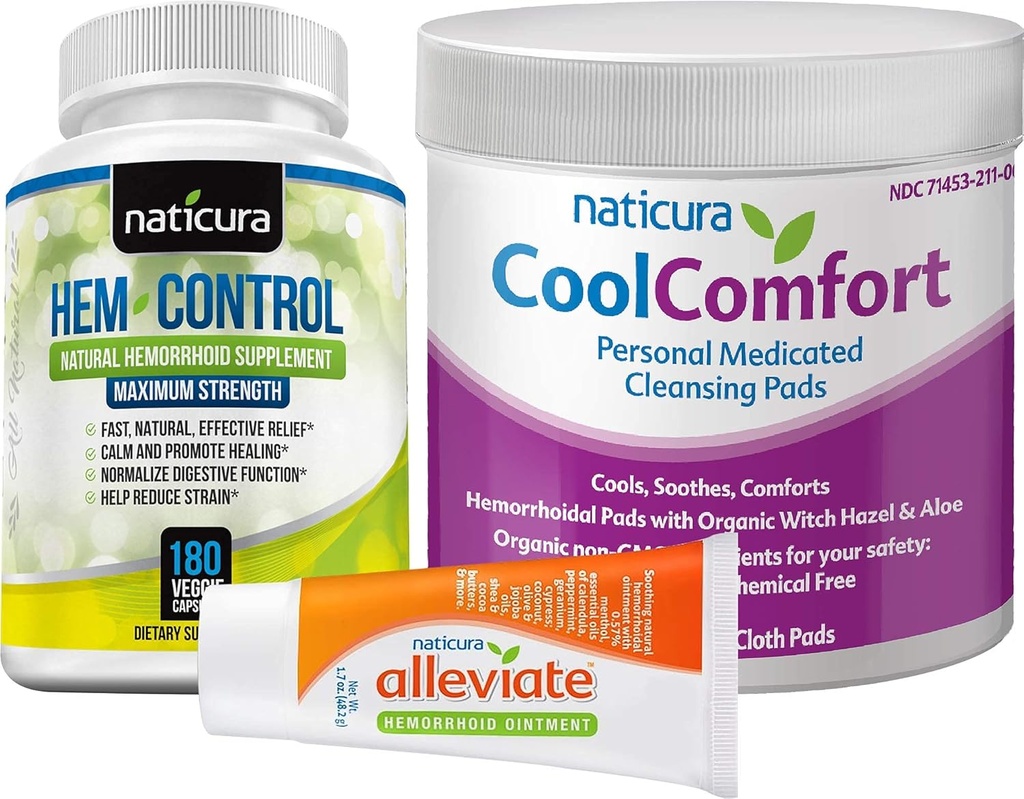 Bundle - Alleviate Natural Peräpukamien Relief Voide, Hem-Control Natural Peräpukamien täydentää (180 Count), ja CoolComfort Personal Cleansing Pads (100 Count) - Kaikki luonnolliset, Nopea toiminta
