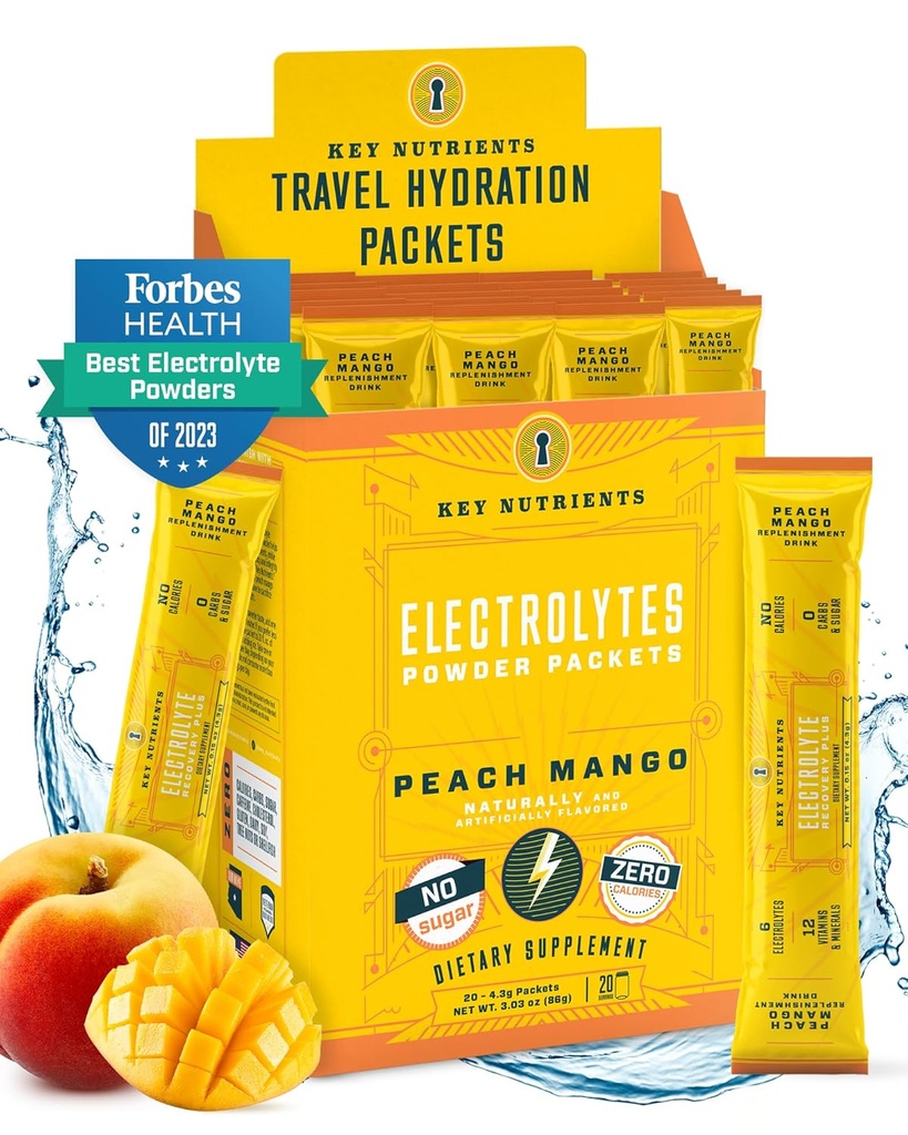 Avainaineet Elektrolyyttejä Powder Packets - Tropical Peach Mango 20 Pack Hydration Packets - Travel Hydration Powder - Ei sokeria, Ei kaloreita, Gluteeniton - Made in USA