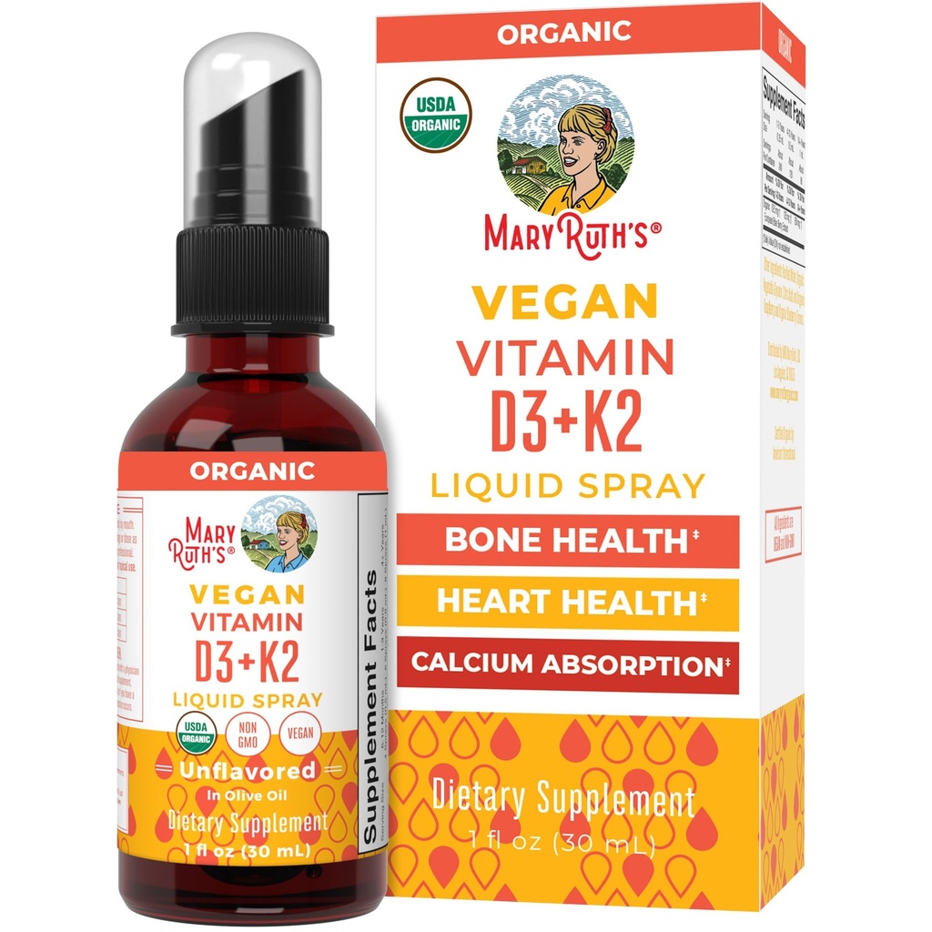 MaryRuths organiska D3 + K2 Spray för vuxna och barn för benhälsa | Vitamin D3 som kolekalciferol | Vitamin K2 | immunitet | Mineral Absorption | Hjärthälsa | Vegan | Non-GMO | Glutenfri | 1 Fl Oz