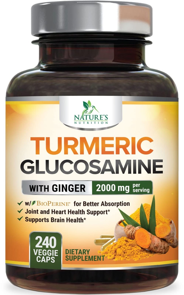 Gurkmeja Curcumin Supplement 2000mg - 95% Curcuminoids med Glukosamin, Ginger & MSM, BioPerine Black Pepper för bästa absorption, Naturens Vegan Joint Support, Non-GMO, Bottled i USA - 240 kapslar