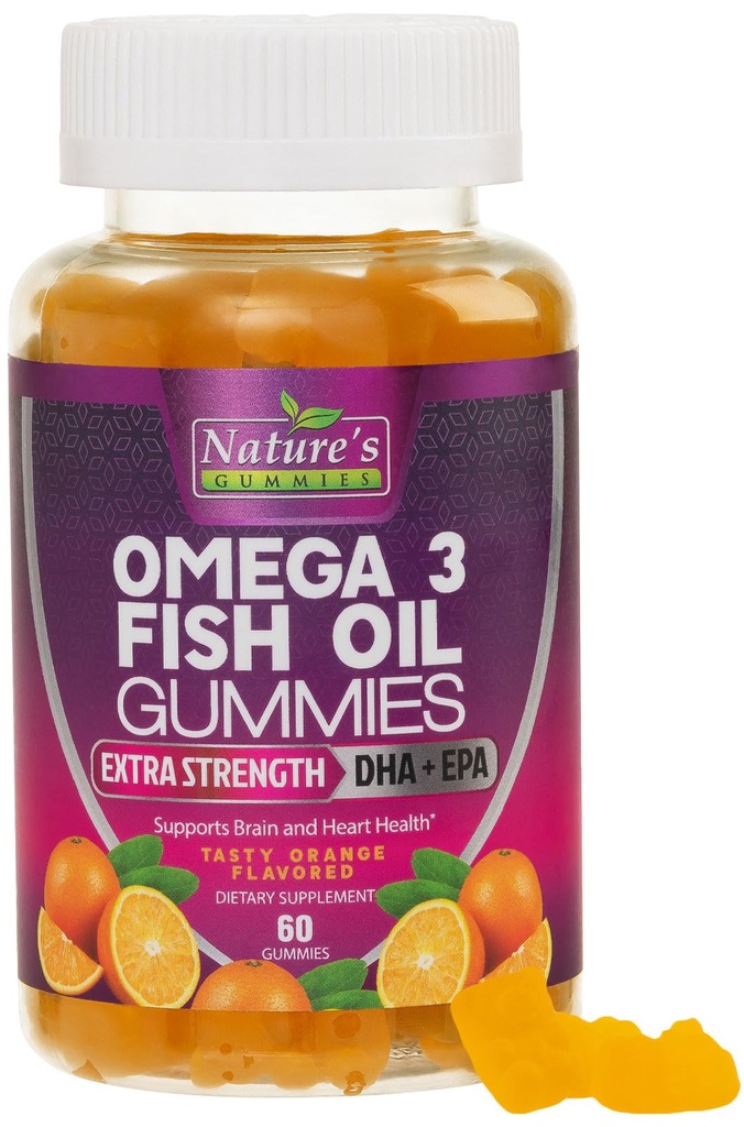 Omega 3 Fish Oil Gummies, Heart Healthy Omega 3 Gummy Supplement med High Absorption DHA & EPA, Extra Strength Joint & Brain Support, Utsökt Orange Flavor Fish Oil Nature's Vitamin - 60 Gummies