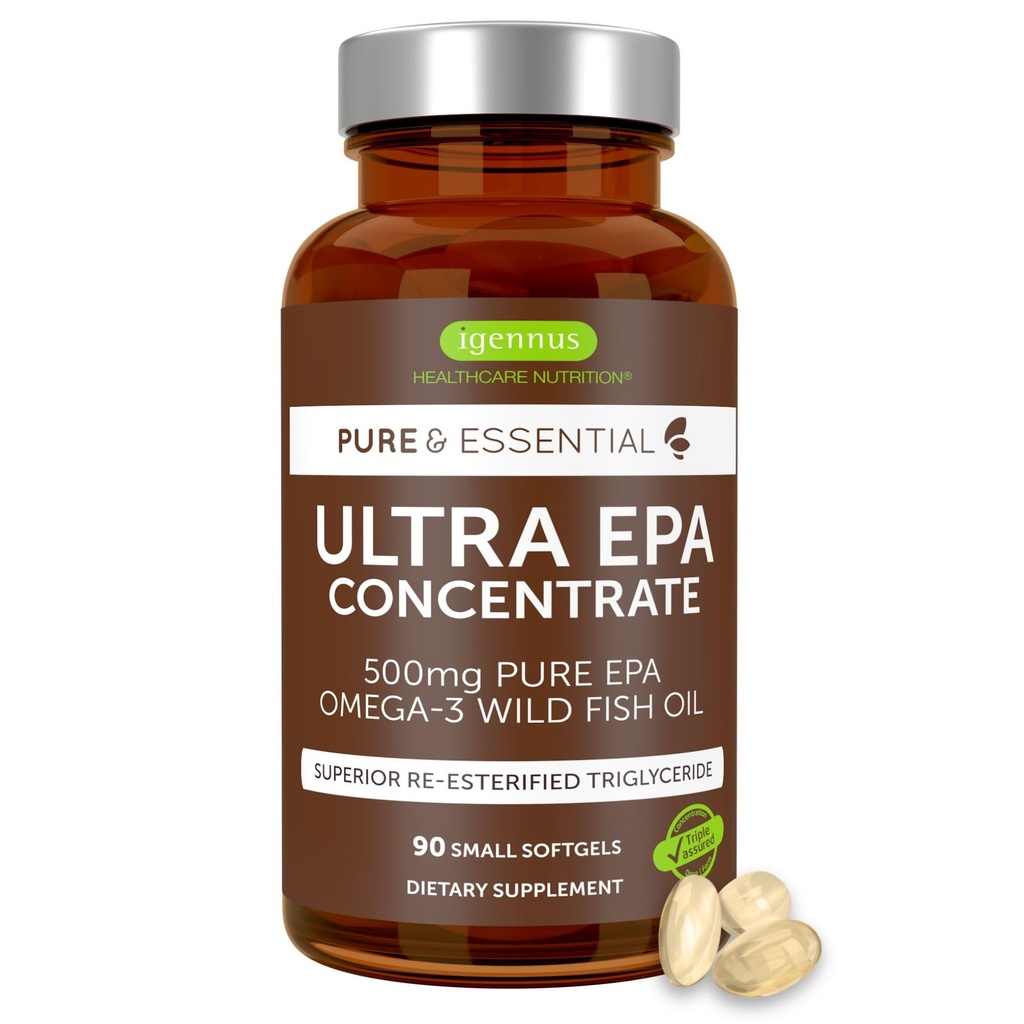 Igennus Ultra Pure Omega-3 EPA 500mg, Erittäin väkevä IFOS Certified Wild Fish Oil, Advanced rTG Triglyseride Form, ei-GMO, 90 Pieniä Softgels