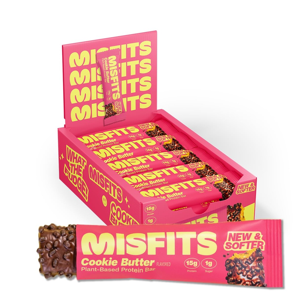 Misfits Vegan Protein Bars, Cookie Butter - Uppdaterat recept | Plant Based, Low Sugar & Carb, High Fiber Snacks | Pack med 15