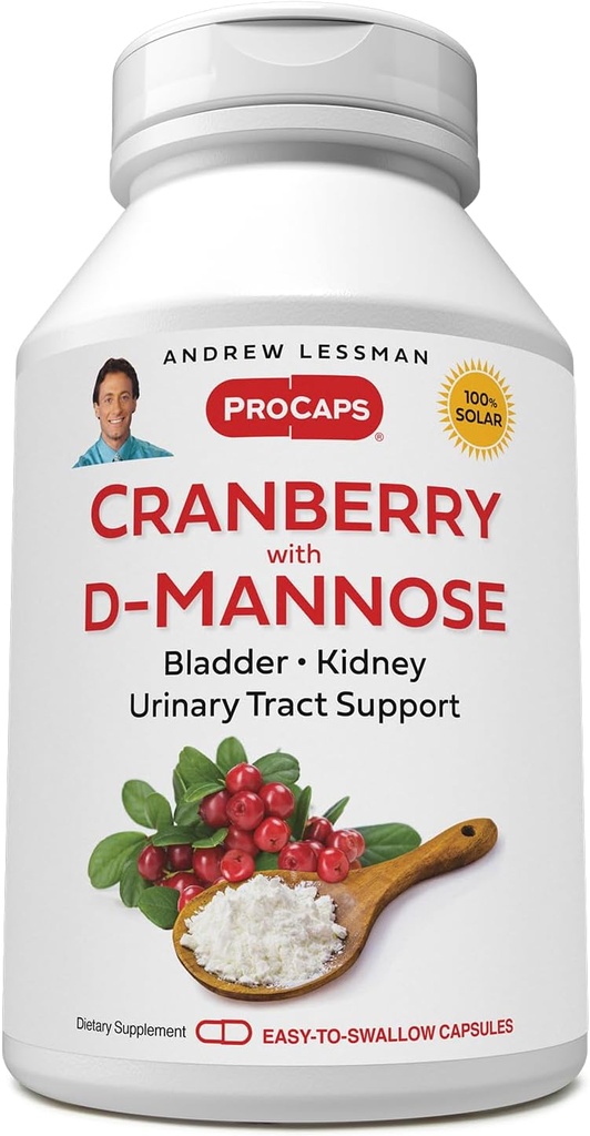 ANDREW LESSMAN Cranberry med D-Mannose - 30 kapslar - stöder blåsa, njure och urinvägar hälsa. High Potency Standardized Cranberry Concentrate och D-Mannose. Lätt att svälja kapslar