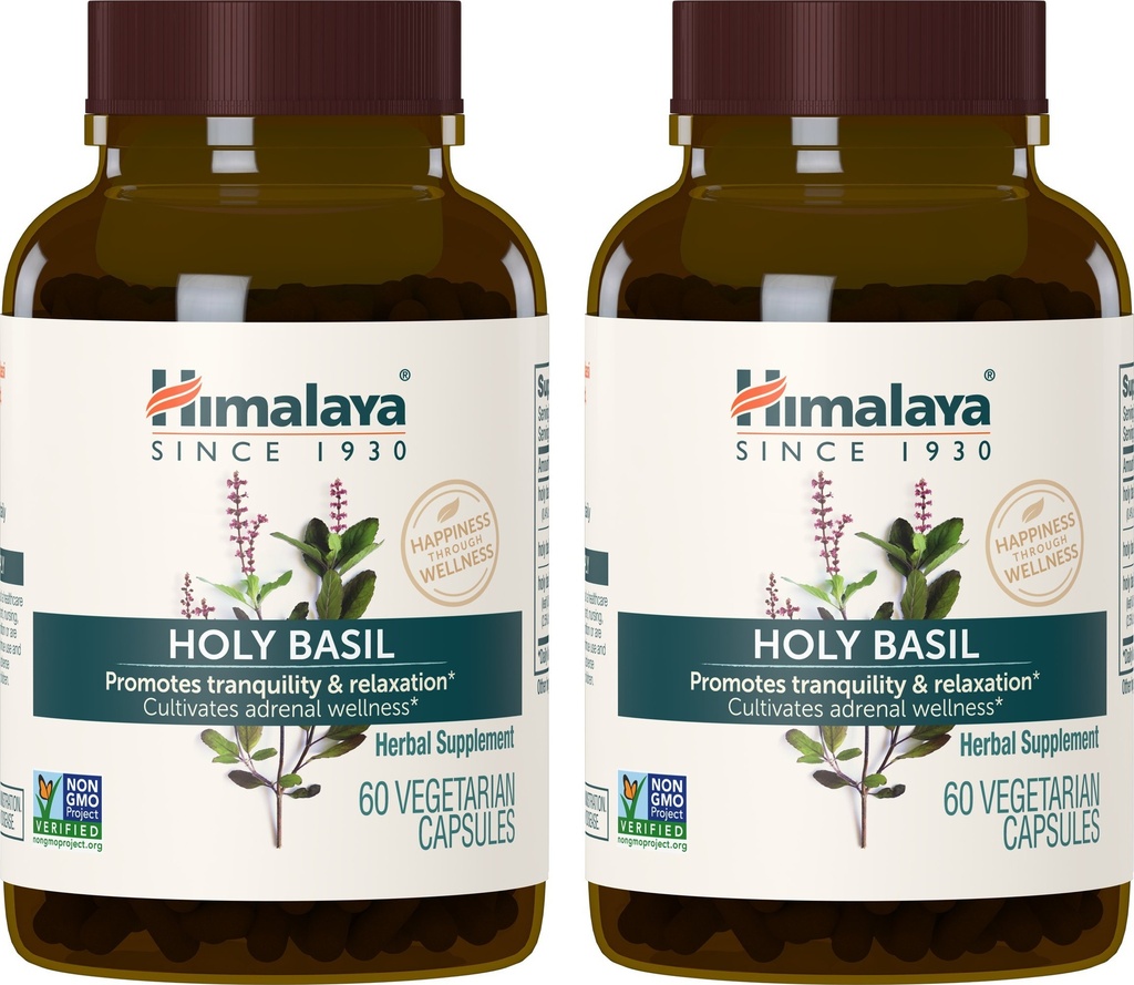 Himalaya Holy Basil, 60 Day Supply - Herbal Adrenal Support för Stress Relief, Relaxation, Energy Support och Occasional Sleeplessness - Vegan, Non-GMO, Gluten Free, 720 mg, 60 Capsules, Pack med 2