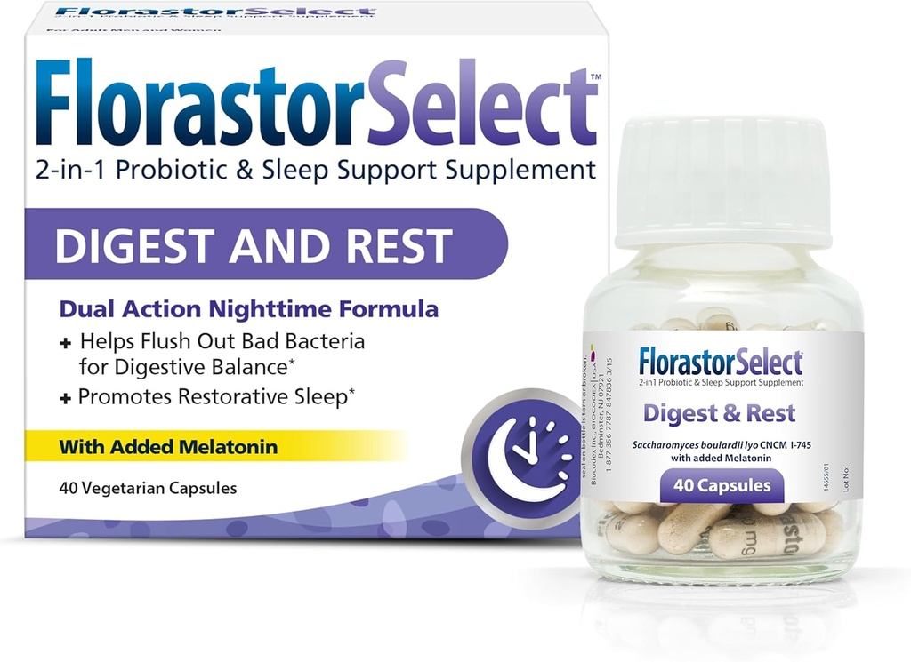 Florastir Probiootti Digest and Rest, Saccharomyces Boulardii Probiootit melatoniinilla (4 mg), Natural unilääke + digestiivinen tuki, 40 kapselia