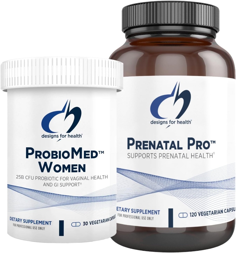 Design för hälsa Prenatal & Probiotic Bundle - Prenatal Pro (180 kapslar) Prenatal Multivitamin med folat och chelated Minerals & ProbioMed Kvinnor (30 kapslar) Gut Health & Vaginal Probiotic