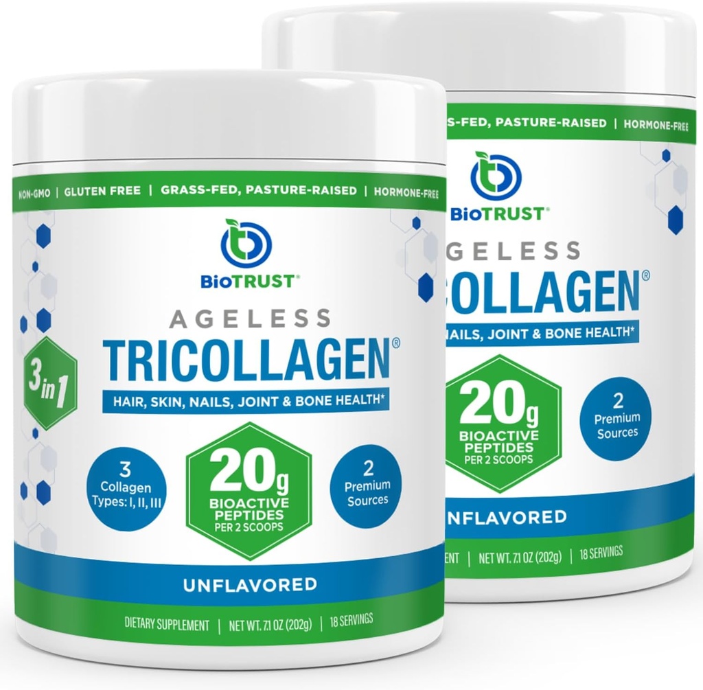 BioTrust Tri Collagen Powder - 3-in-1 Hydrolysed Collagen Peptides Powder (tyypit I, II, & III) - Grass Fed Collagen Protein Powder for Anti-Iging, Skin, Hiukset, Bone & Joint Health - Unmakuinen, 2-pakkaus