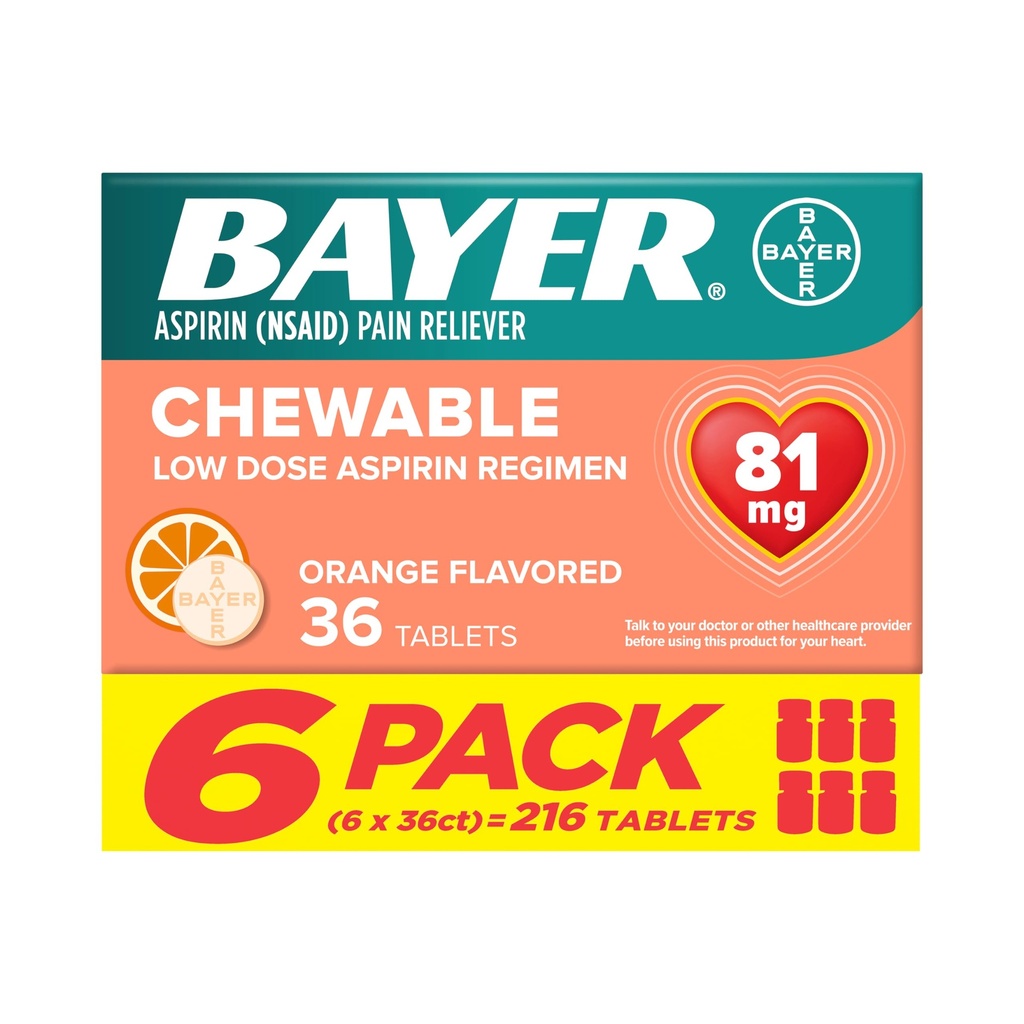 Bayer Aspirin Pieni annos 81 mg purutabletti, kivunlievitys, oranssi maku, 216 tablettia (6 pakkaus)