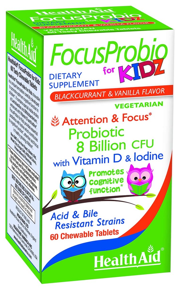 FocusProbio för Kidz, 60 Chewable Tablets, stöder kognitiv funktion för uppmärksamhet och fokus. Blackcurrant och Vanilla Flavor innehåller vitamin D & jod. Acid & Bile Resistant Strains. Vegetarian