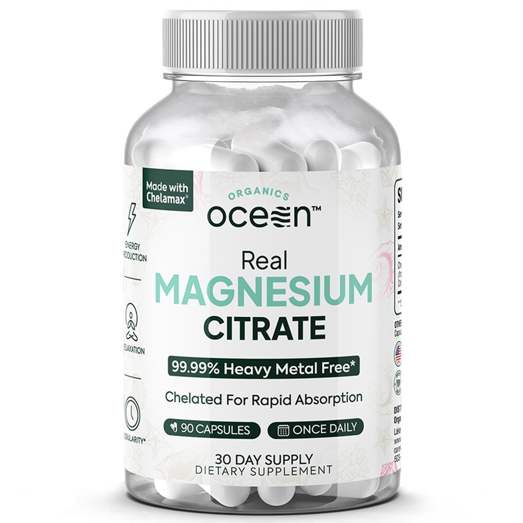 Organics Ocean Real Magnesium Citrate - High Absorption Magnesium Supplement - Chelated Magnesium för att stödja energi, avkoppling och reglering
