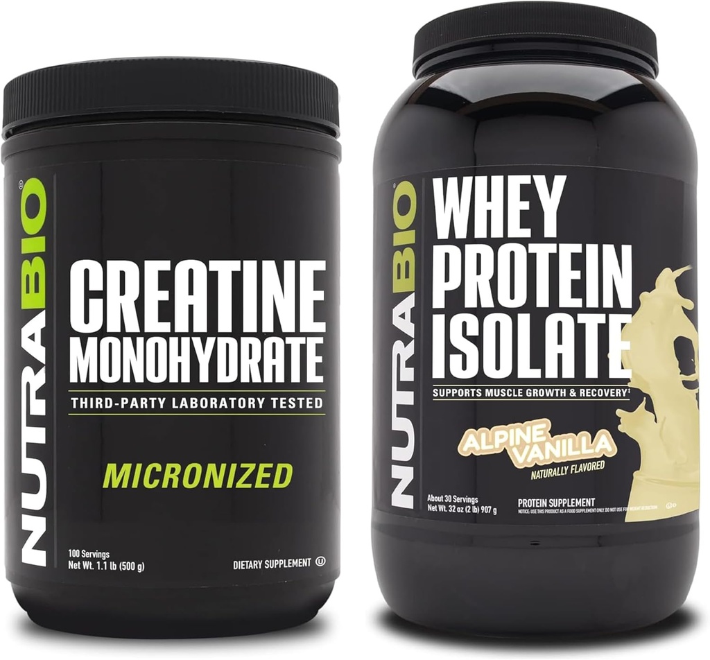 NutraBio Creatiini Monohydraatti, Mautonta, 500g ja Whey Protein Isolate, Alpine Vanilla, täydennysosa Bundle - Lihasenergia, Lean lihasten kasvu, elpyminen, ja vahvuus