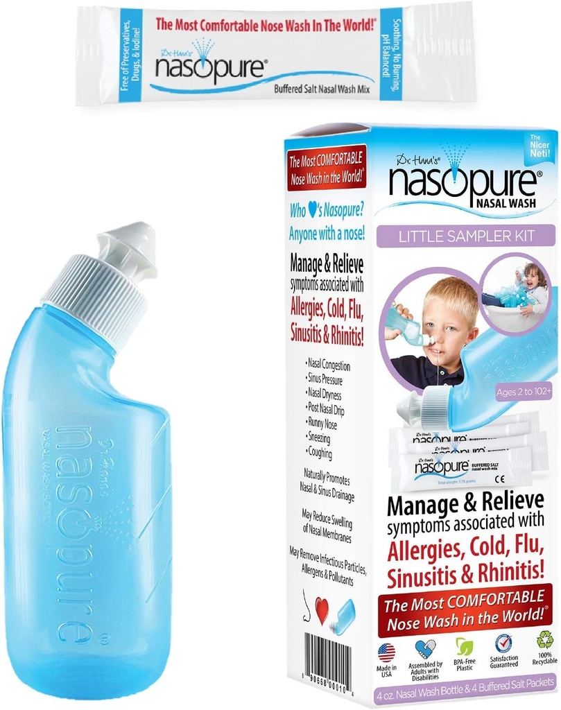 Nasopure Nasal Wash, Little Sampler Kit, "The Nicer Neti Pot" Sinus Wash Kit, Bekväm Nasal Rinse 4 Oz Bottle & 4 Salt Packets (3,75 Gr Varje), Nasal Congestion, Cold, Allergy, Nasal Irrigation